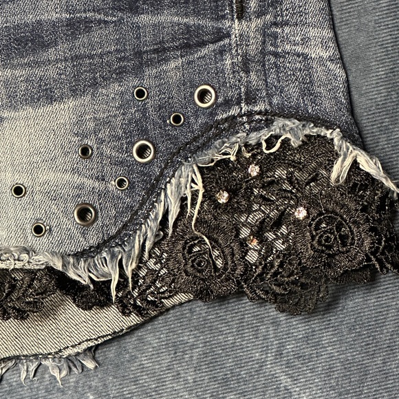 Miss Me Women's Blue Jean Denim Shorts with Black Lace and Bling 30 - Picture 5 of 15